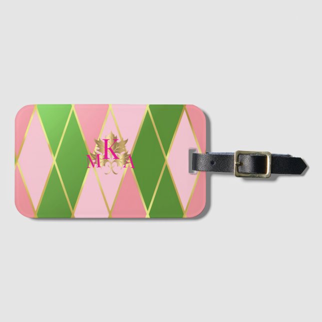 Étiquette À Bagage Style Monogrammed rose et Jacquard vert (Devant Horizontal)