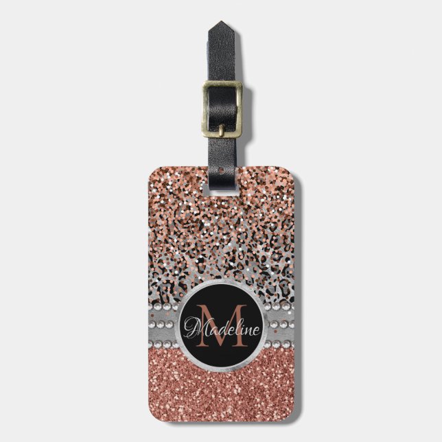 Étiquette À Bagage Stylish Girly Rose Gold Glitter Leopard Monogram (Devant Vertical)