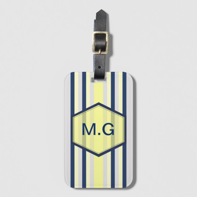 Étiquette À Bagage Stylish Grey and Yellow Stripes Monogram (Devant Vertical)