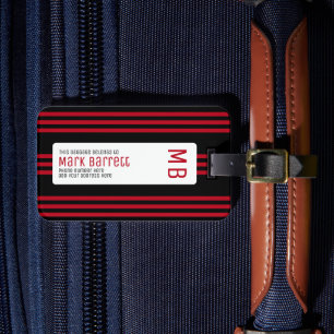 Étiquette À Bagage Stylish Red Stripes Monogrammed (nom et initiales)