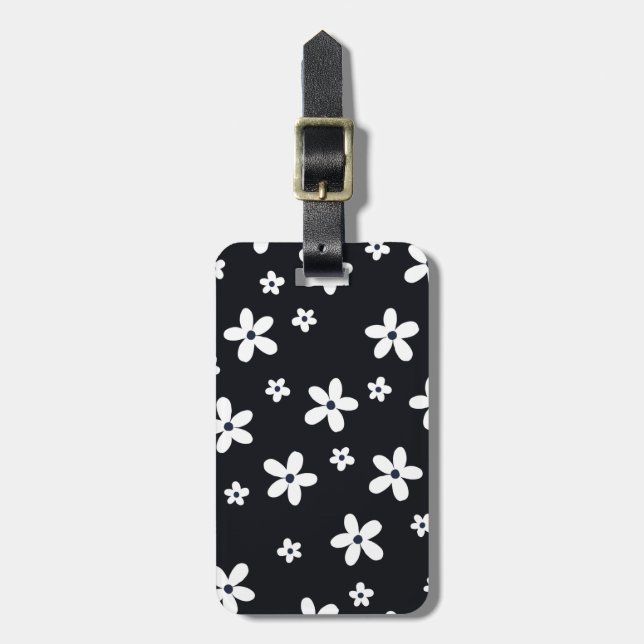 Étiquette À Bagage Summer Boho Black White Daisy Flowers (Devant Vertical)