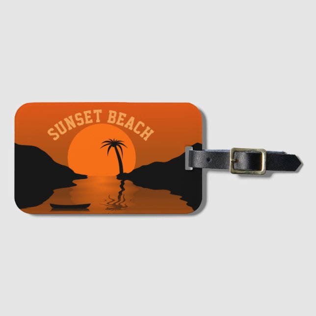 Étiquette À Bagage Sunset Beach Art Tropical Orange (Devant Horizontal)