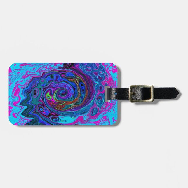 Étiquette À Bagage Super Retro Blue et Purple Swirl Abstrait (Devant horizontal)
