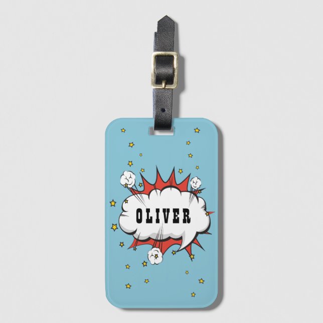 Étiquette À Bagage Superhero Comic Speech Bubble Boy Name (Devant Vertical)