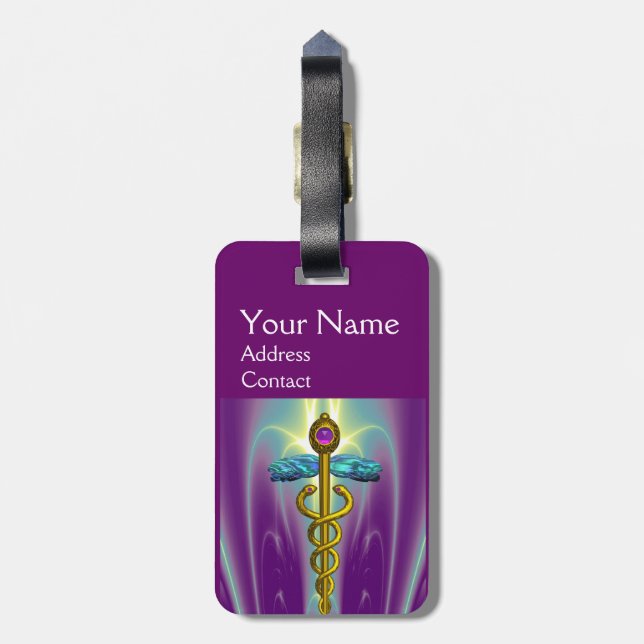 Étiquette À Bagage SYMBOLE DE CADUCE D'OR MONOGRAMME Vert pourpre (Dos Vertical)