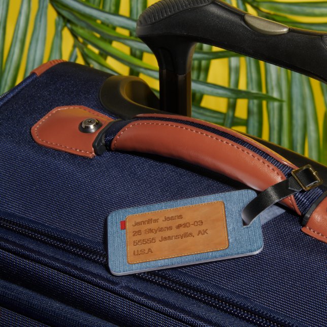 Étiquette À Bagage Tag en cuir personnalisé bleu Jean Denim (Verso Insitu 1)