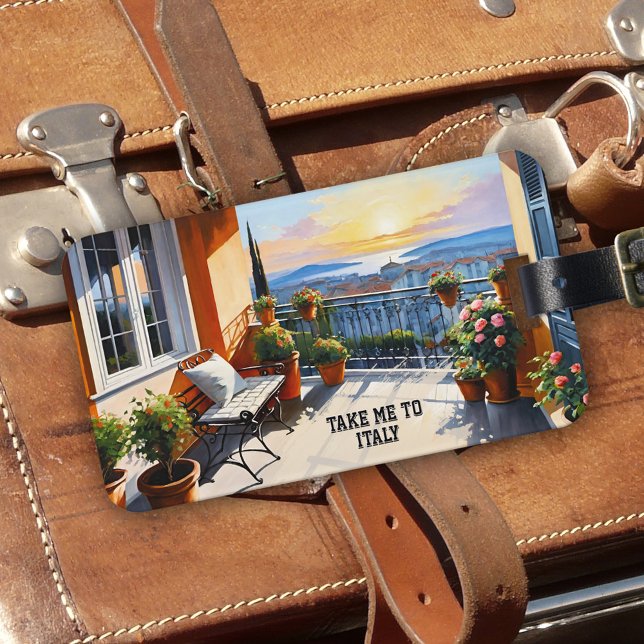 Étiquette À Bagage Take Me To Italy Landscape Sunset (Luggage tag with a fine art painting showing a sunset landscape as seen from an Italian balcony)