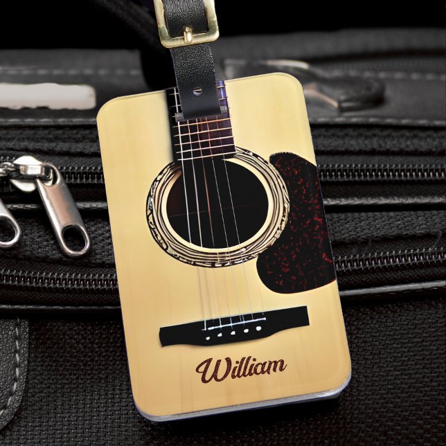 Étiquette À Bagage Tan Acoustique Guitare Woodgrain Nom du guitariste (tan brown acoustic guitar luggage tag)