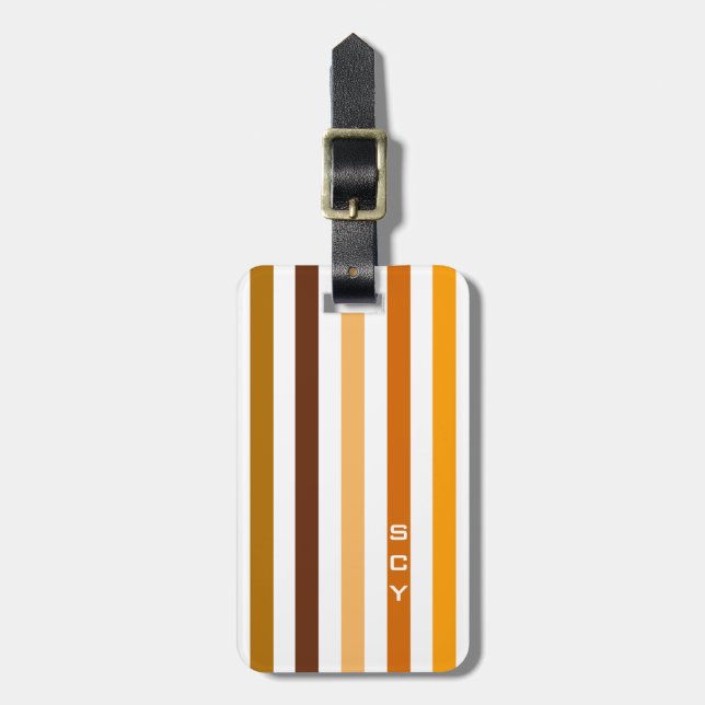 Étiquette À Bagage Tan Brown Orange Vertical Stripes Monogramme (Devant Vertical)