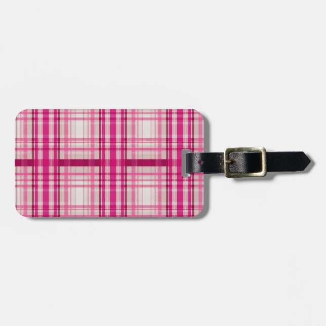 Étiquette À Bagage Tartan écossais rose blanc Plaid Classic Bleu (Devant horizontal)