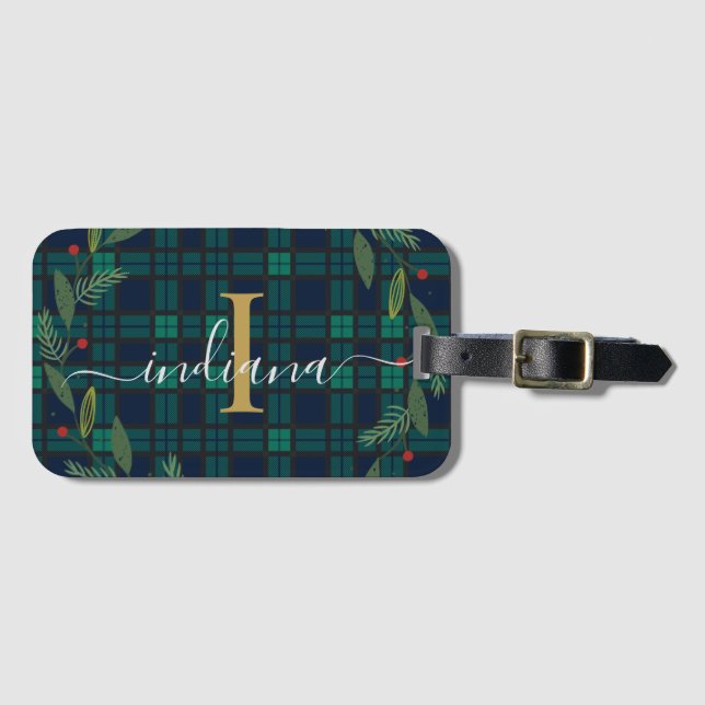 Étiquette À Bagage Tartan en forme de serrure de monogramme rustique (Devant Horizontal)