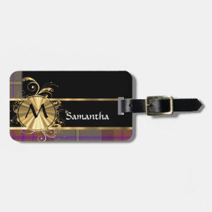 Étiquette À Bagage Tartan et monogramme roses et pourpres