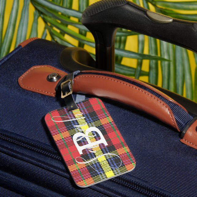 Étiquette À Bagage Tartan jaune et rouge À damiers Nom du monogramme (Insitu Rectoal 1)