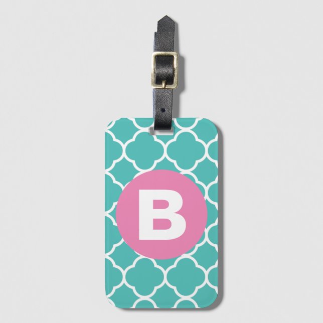 Étiquette À Bagage Teal Quatrefoil Pattern Custom Pink Monogram (Devant Vertical)