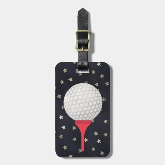 Étiquette À Bagage Tee de golf et boule rouges avec des étoiles (Devant Vertical)