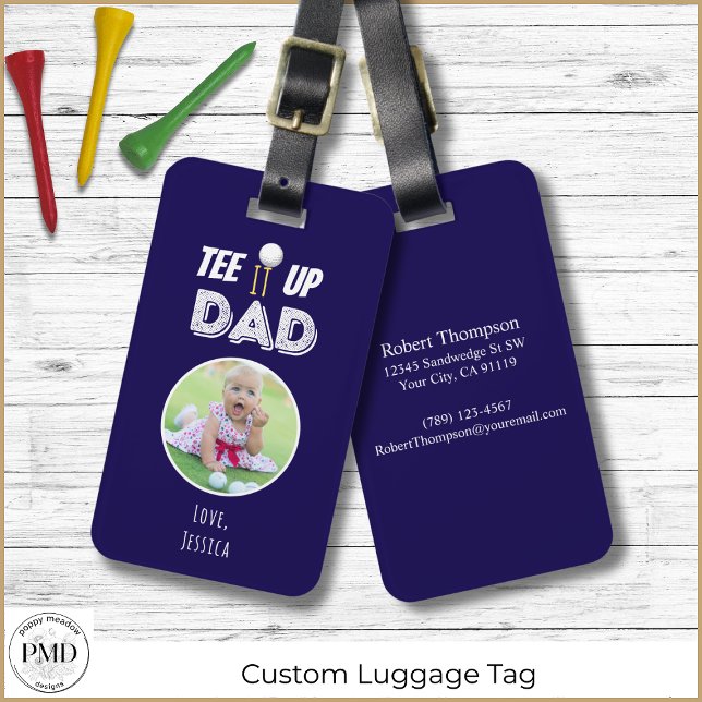Étiquette À Bagage Tee It Up Papa Photo Fête des pères personnalisée  (Tee It Up Dad Custom Photo Navy Blue Golf Luggage Tag with Child or Pet Photo, Name, Contact Info.)