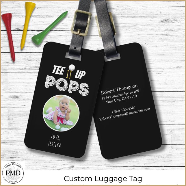 Étiquette À Bagage Tee It Up Pops Fête des pères photo personnalisée  (Tee It Up Pops Custom Photo Black Golf Luggage Tag with Child or Pet Photo, Name, Contact Info.)