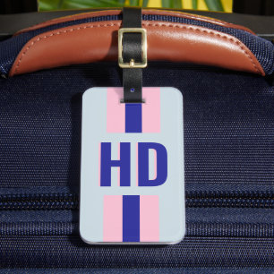 Étiquette À Bagage Téléphone Rétro Vintage Monogramme ombré rayé bleu