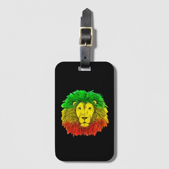 Étiquette À Bagage Tête de lion Rasta rouge jaune vert dessin Jamaïqu (Devant Vertical)