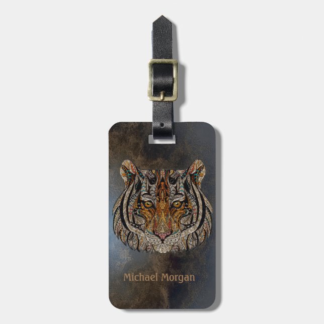 Étiquette À Bagage Tête de tigre aspect cuir - Personnalisé (Devant Vertical)