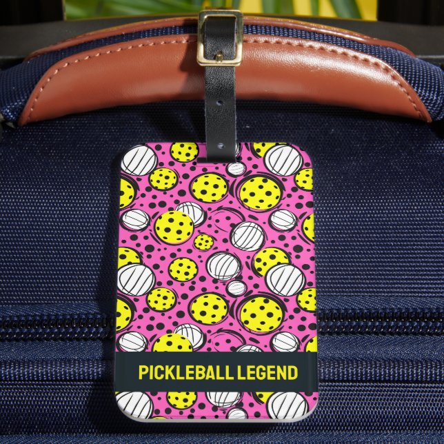 Étiquette À Bagage Texte personnalisé boules de pickleball jaune rose (Insitu Rectoal 2)