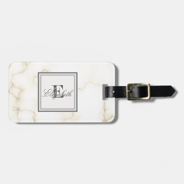 Étiquette À Bagage Texture cool en marbre de pierre, Monogramme perso (Devant horizontal)