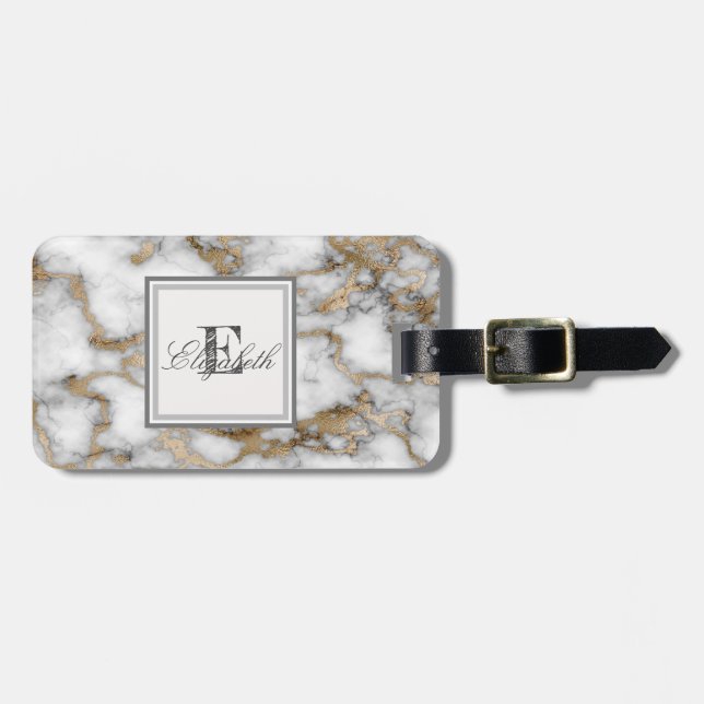 Étiquette À Bagage Texture de marbre blanc à pierre fraîche, monogram (Devant horizontal)