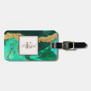 Étiquette À Bagage Texture en marbre de pierre verte tendance, Monogr