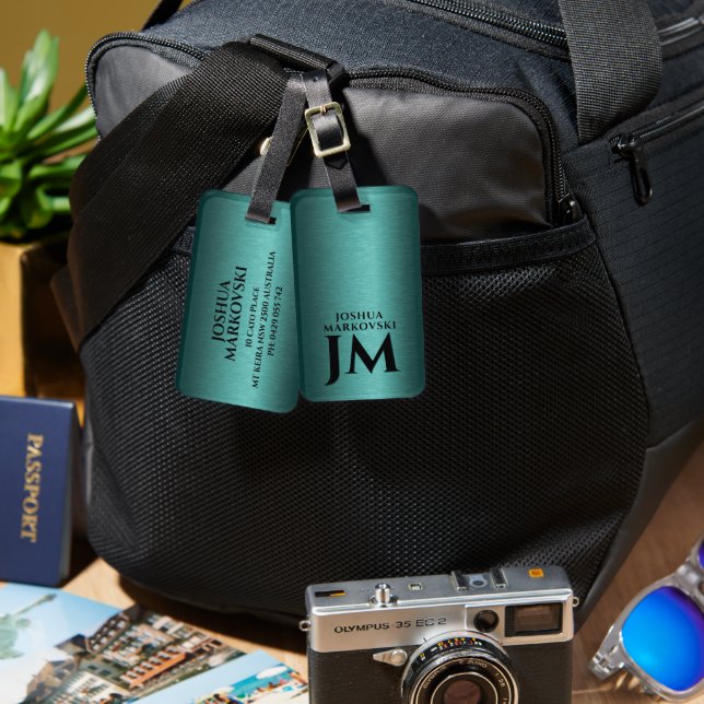 Étiquette À Bagage Texture métallique turquoise Personnalisée Typogra (Recto & Verso)