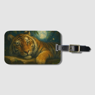 Étiquette À Bagage Tigre d'aquarelle reposant dans la forêt nocturne