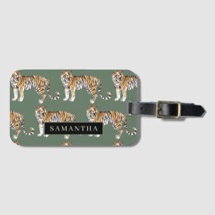 Étiquette À Bagage Tigres d'aquarelle verte tropicale Motif avec nom