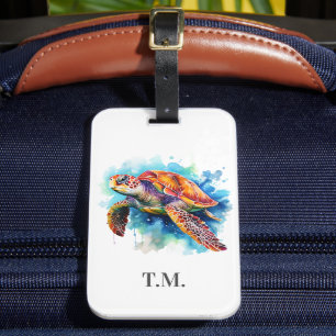 Étiquette À Bagage Tortue à aquarelle et monogramme