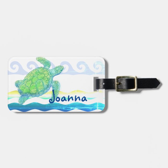 Étiquette À Bagage Tortue de mer bleue et verte (Devant horizontal)