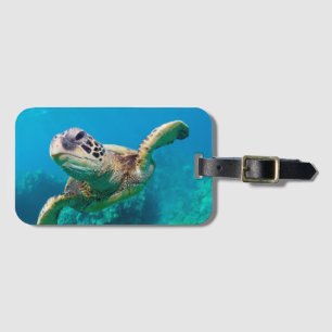 Étiquette À Bagage Tortue de mer verte nageant au-dessus du récif