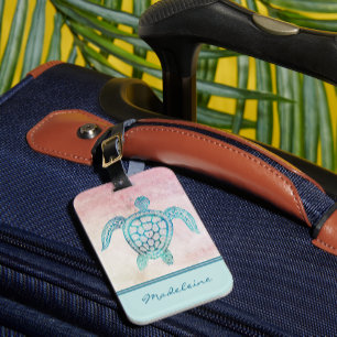 Étiquette À Bagage Tortue tribale turquoise sur Pastel Sunset Aquarel