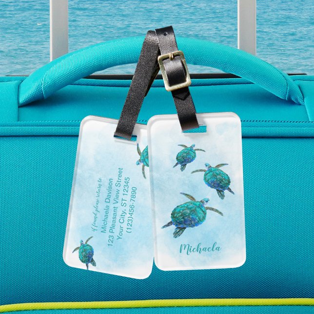 Étiquette À Bagage Tortues marines personnalisées Aquarelle océanique (Créateur téléchargé)