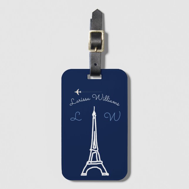 Étiquette À Bagage Tour Eiffel avec nom & initiales voyage (Devant Vertical)