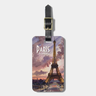 Étiquette À Bagage Tour Eiffel de Paris au crépuscule Aquarelle Texte