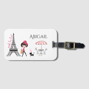 Étiquette À Bagage Tour Eiffel Paris Cute Girl and Cat personnalisée