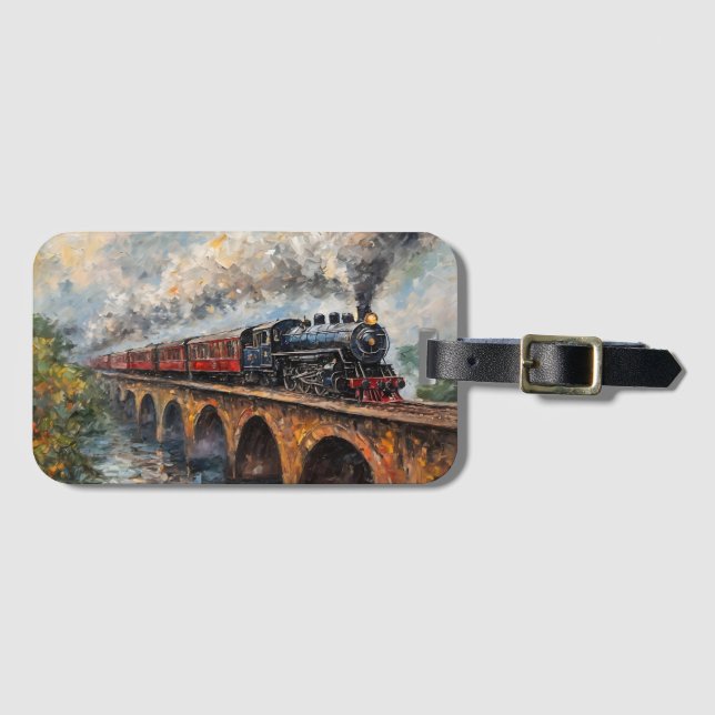 Étiquette À Bagage Train à vapeur sur un pont - Peinture à l'huile (Devant Horizontal)