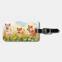 trois mignonette shiba inus et dandelions étiquett