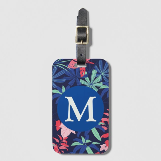 Étiquette À Bagage Tropical Botanical Dark Blue Monogram (Devant Vertical)