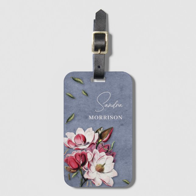 Étiquette À Bagage Tropical Flowers Dusty Blue Monogram Name (Devant Vertical)