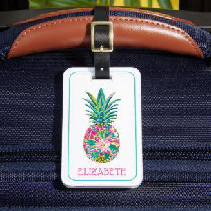 Étiquette À Bagage Tropical rose et vert floral Ananas