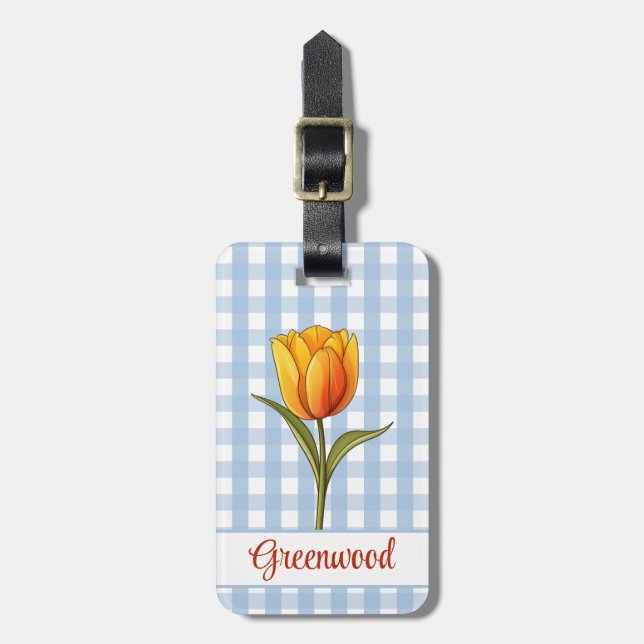 Étiquette À Bagage Tulipe orange, En vichy bleu, personnalisé (Devant Vertical)