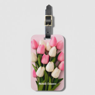 Étiquette À Bagage Tulipes Nom Personnalisé sur Fond Rose