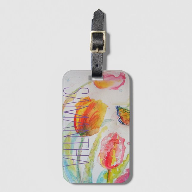 Étiquette À Bagage Tulipes roses Tulipes Florales Aquarelle Femme Nom (Devant Vertical)