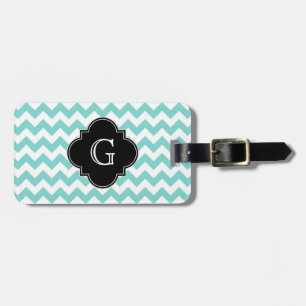 Étiquette À Bagage Turq / Aqua Wht Chevron Black Quatrefoil Monogramm