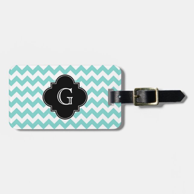 Étiquette À Bagage Turq / Aqua Wht Chevron Black Quatrefoil Monogramm (Devant horizontal)