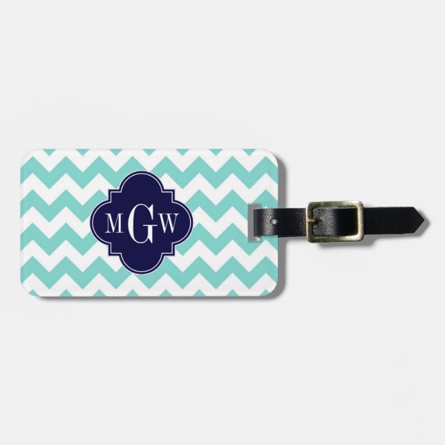 Étiquette À Bagage Turq / Aqua Wht Chevron Navy 3 Monogramme initial (Devant horizontal)
